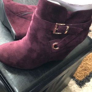 Wine boots, suede look new with tags